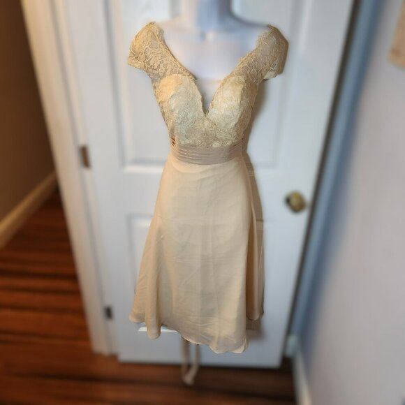 Warm Notices Champagne Lace & Chiffon Cocktail Dress Size 6 Elegant V-Neck - Picture 2 of 13
